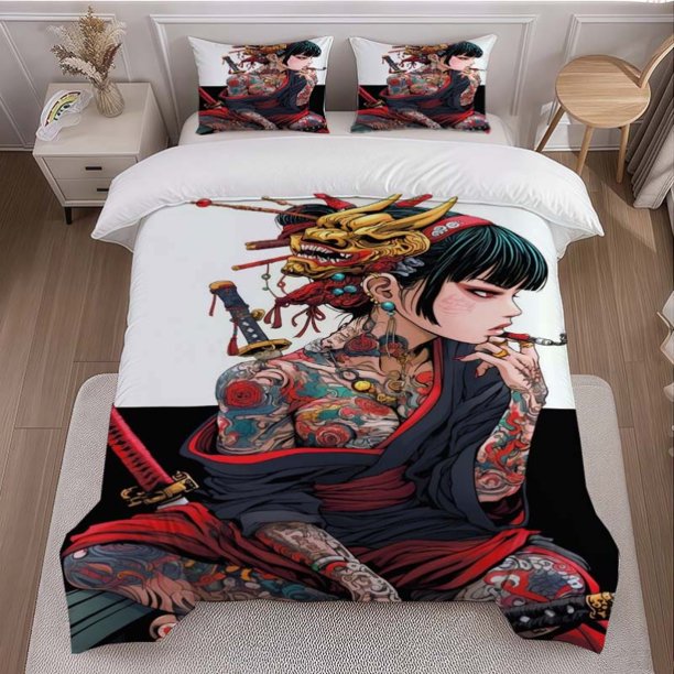 3pcs Japanese Ukiyo-E Illustration Themed Bedding Set Including Duvet Cover And Pillowcases. Soft And Comfortable