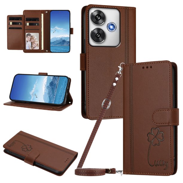 Funda Cartera Trébol para Xiaomi Poco F6 con Ranuras Tarjetas y Carga Inalámbrica Marrón