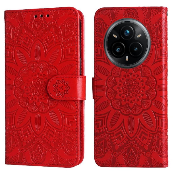 Funda tipo cartera FOXDOCK para Realme 14 Pro , diseño girasol en relieve, cuero PU, cierre magnético, soporte y tarjetero