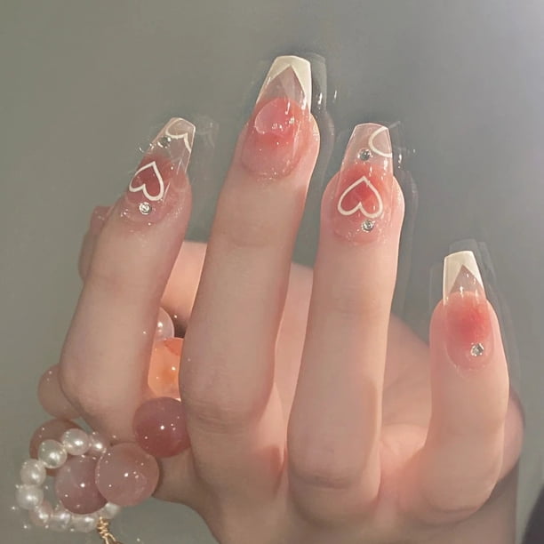 Heart-Shaped Blush Love Press On Nails - Medium Length, Full Cover Artificial Nails for Women and Girls