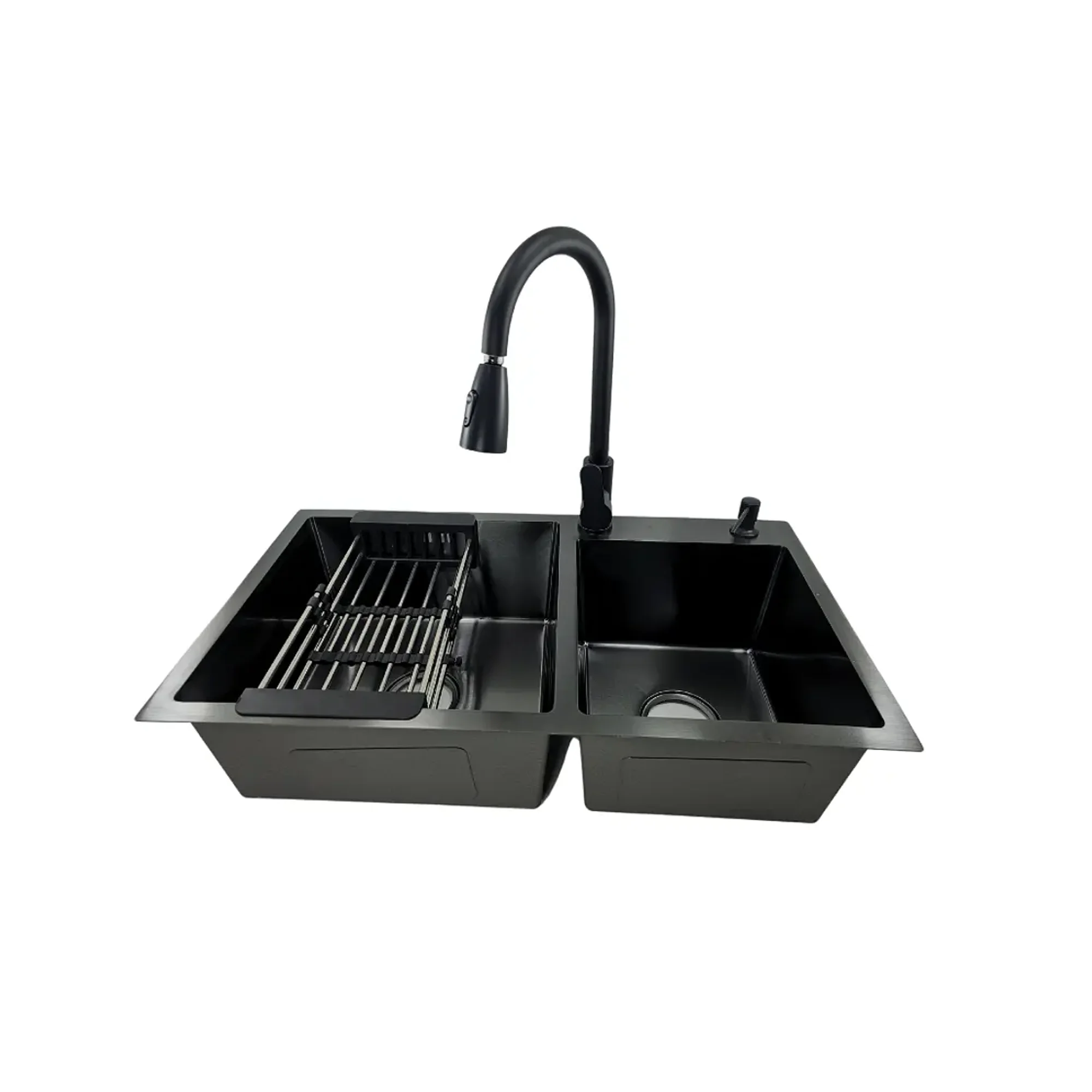 Modern Space - Lavaplatos 68x38 Cm Deluxe De Acero Inoxidable Para Empotrar Espesor 2mm Color Negro Con Rejilla, Dispensador De Jabon Y Grifería Extensible