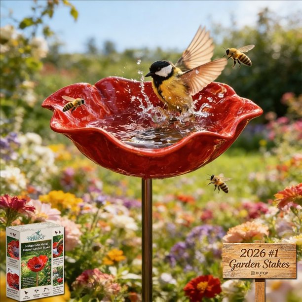 Estaca jardín flor metal hecha mano mini baño pájaros exterior estación riego abejas
