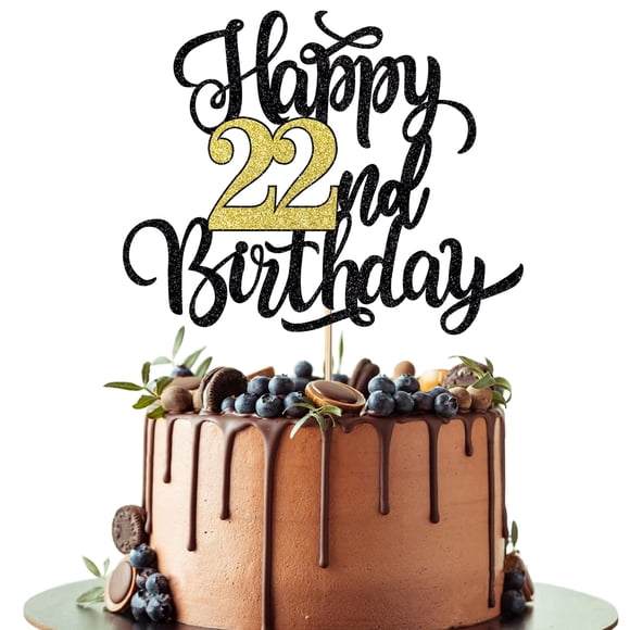 Decoración para tartas Leetaivie con purpurina para cumpleaños número 22, color negro y dorado