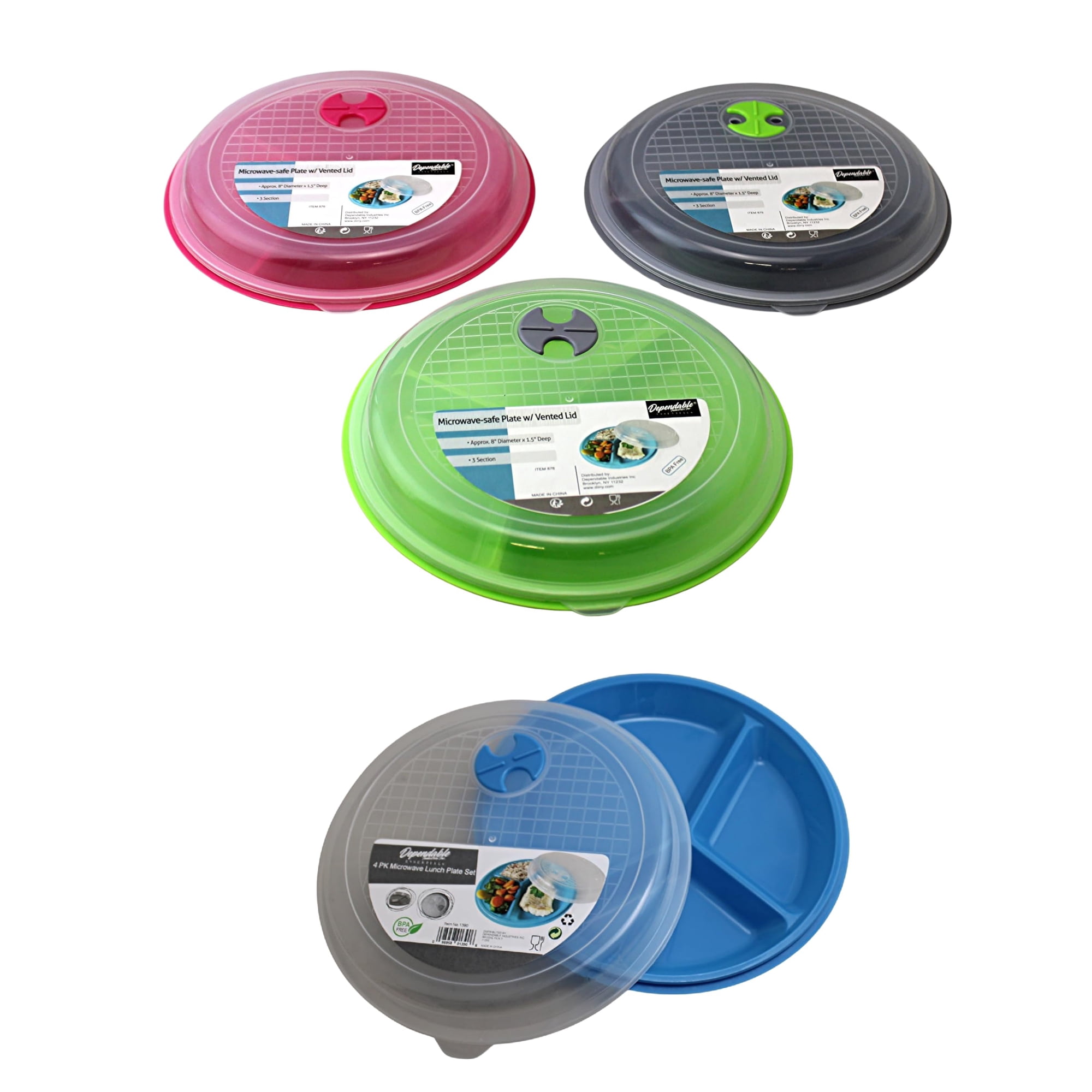 Dependable Industries Inc. Essentials - Platos Para Microondas, Paquete De 4 Con Tapas Ventiladas, Sin Bpa, 3 Secciones
