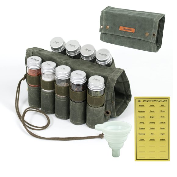 Kit de especias para acampar MONGPIENS con 9 tarros de especias, embudo y bolsa