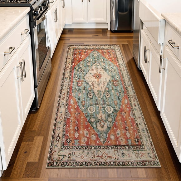 Rug Runner Lahome Boho Tribal, lavable, 60 x 130 cm, color azul oxidado y opaco