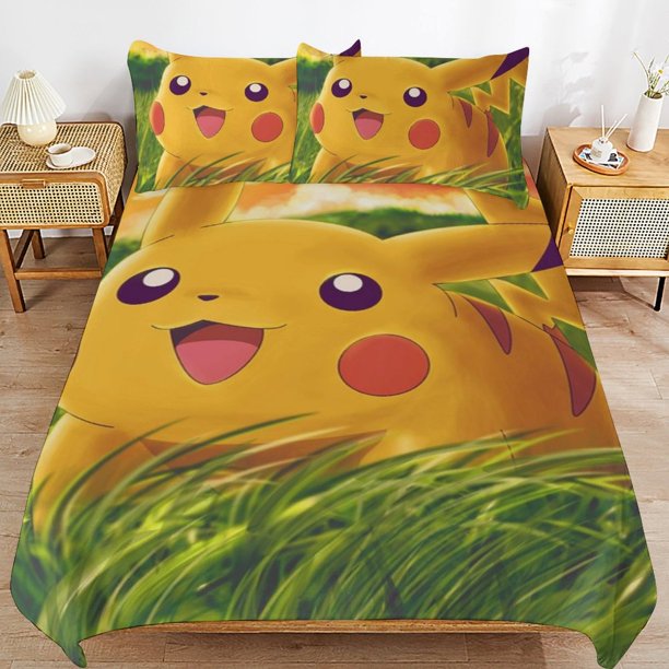 Pi-ka-chu Bed Duvet Cover Microfiber Bedding Sets 3D Printed Lightweight 3 Piece Comforter Sets for Kids Boys Girls