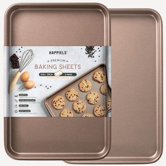 Bandeja para Hornear HAPPIELS 38x25 cm, Pack de 2, Antiadherente, Libre de PFOA/BPA