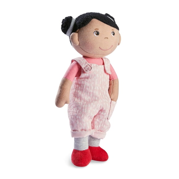 Muñeca HABA Soft Rumbi de 10 cm con pelo negro, overol rosa