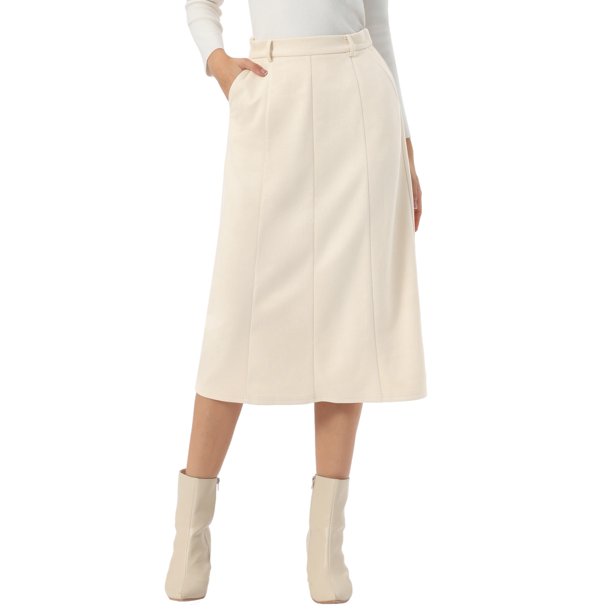 INSPIRE CHIC Falda de Mujer de Gamuza Sintética con Cintura Alta Elástica para Otoño Invierno, Falda Midi en Línea A con Bolsillos L Beige