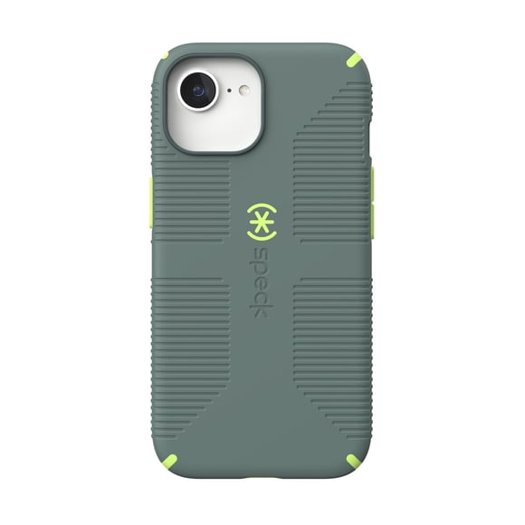 Funda Speck CandyShell Grip MagSafe Neo Drab para iPhone 16e, 15, 14 y 13