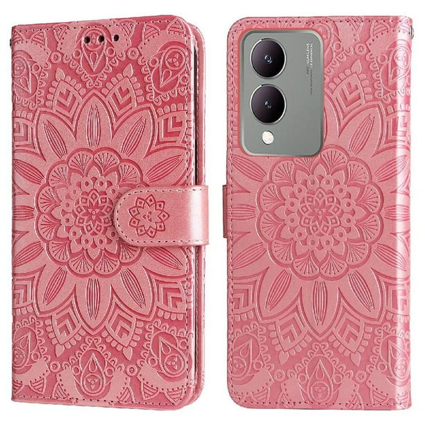 Funda tipo cartera FOXDOCK para Vivo Y17s , diseño girasol en relieve, cuero PU, cierre magnético, soporte y tarjetero