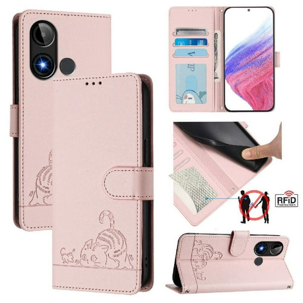Funda tipo cartera FOXDOCK para BLU C9 con soporte, ranuras, RFID, diseño de gato