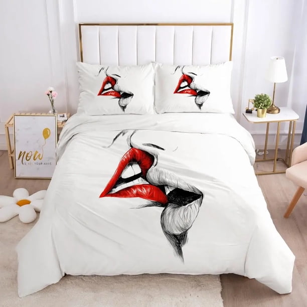 Red Lips Duvet Cover Set Queen Polyester Love Twin Bedding Set Sexy Theme Adult Couple Comforter Cover 3D Kiss Marks Quilt Cover Bed Sheets