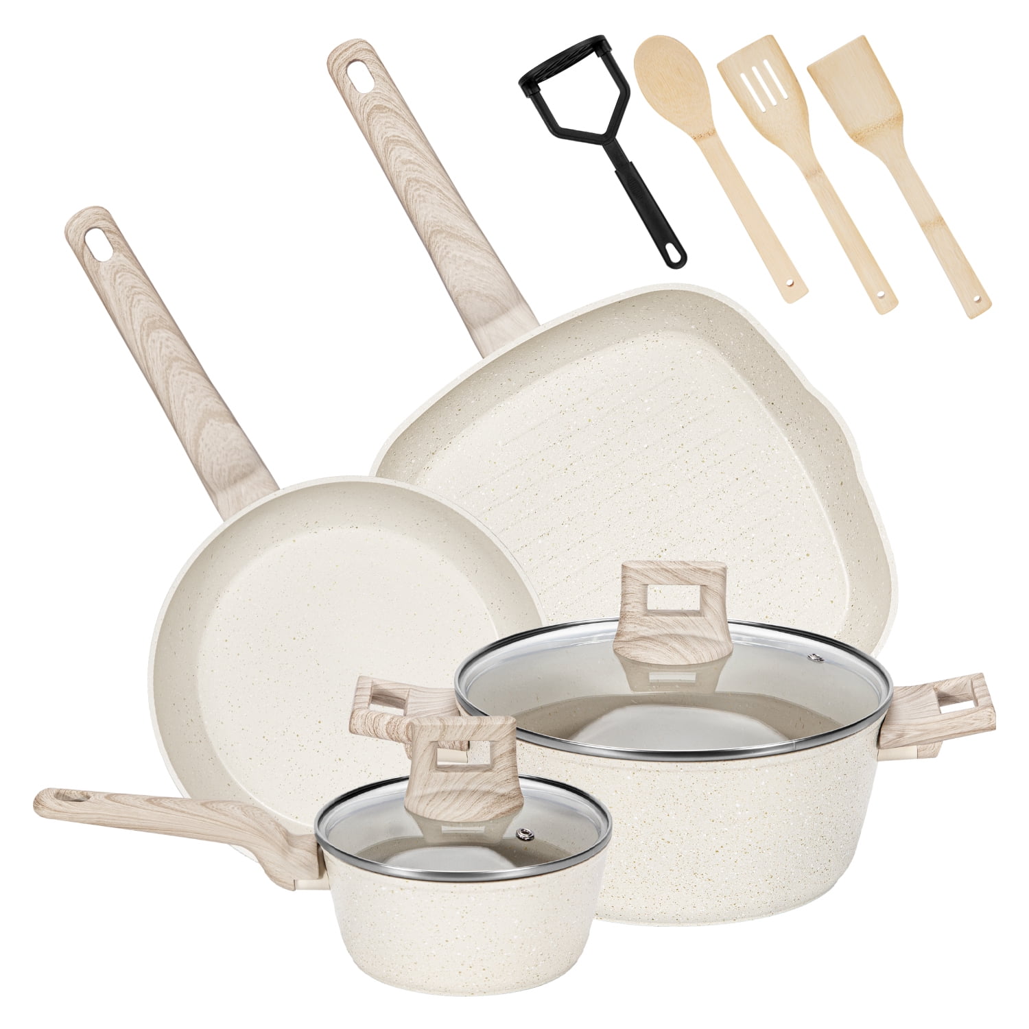 Chefchoice - Bateria Cocina Aluminio Bifera Antiadherente Granito 10 Piezas Crema