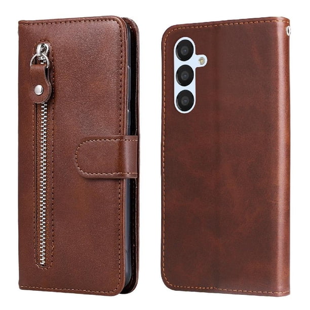 Funda tipo cartera para Samsung Galaxy A54 5G con bolsillo con cremallera y ranuras para tarjetas – Función de soporte Marrón