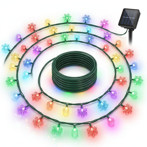 Guirnalda Solar Navidad 7.5m Copos Nieve Esferas Multicolor
