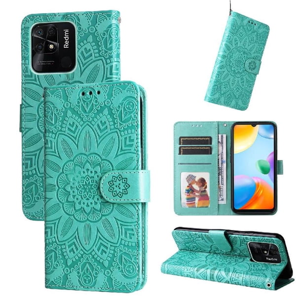 Funda tipo cartera FOXDOCK para Xiaomi Redmi 10C 4G , diseño girasol en relieve, cuero PU, cierre magnético, soporte y tarjetero