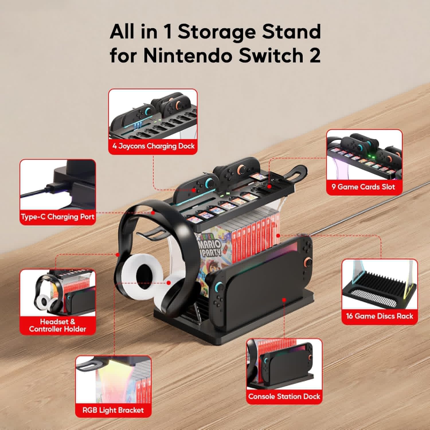 thumbnail image 2 of Dock de carga para estación de almacenamiento para Switch 2 controladores, organizador multifuncional con soporte para 16 discos de juego y 9 ranuras para tarjetas de juego SD, 2 of 7