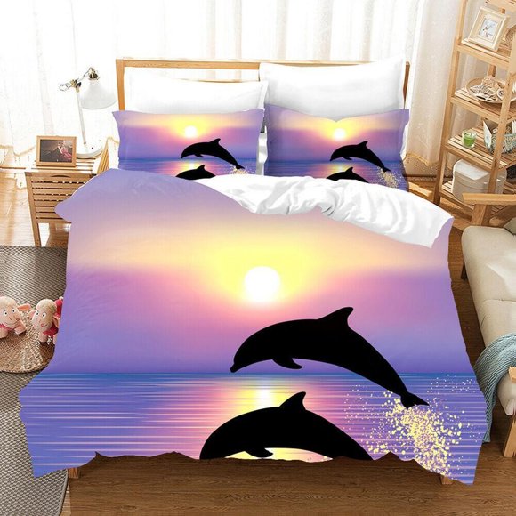 Sunrise Love Dolphin Quilt Duvet Cover Set Bedspread Soft Bedclothes 3-Piece Bedding Set