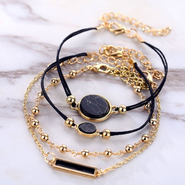 1pc Round Pointer Quartz Watch & 4pcs Bracelet