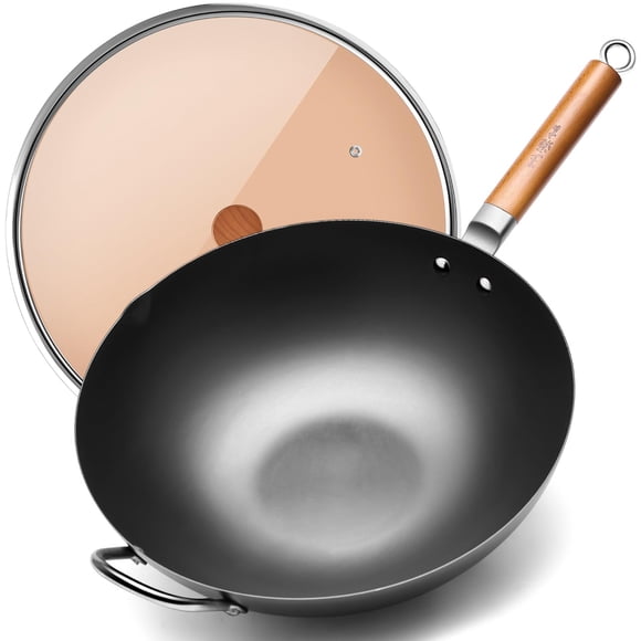 Wok WANGYUANJI de Acero al Carbono 36 cm Fondo Plano con Tapa