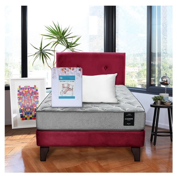 Combo Cama Cannon 1 1/2 Plaza Textil + Respaldo Tela Burdeo