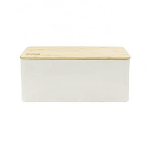 Panera Metálica Con Tapa Bamboo Blanca Simplit