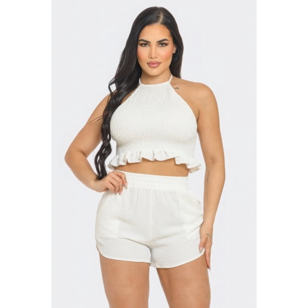 Saronite Conjunto de Top Corto de Verano con Cuello Halter, Cintura Elástica y Dos Bolsillos Laterales, Blanco (para Mujer)