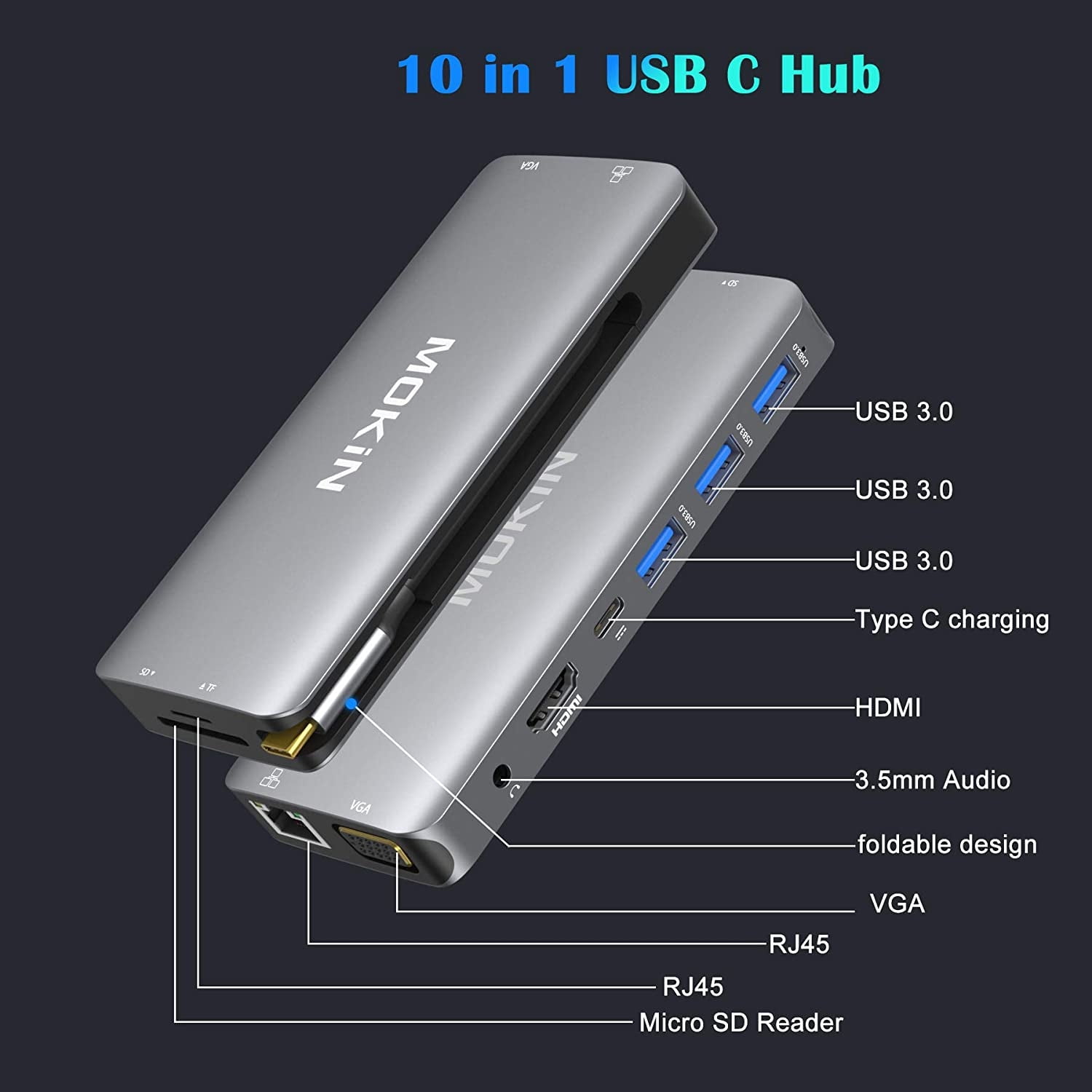 Adaptador Multipuerto Usb C Hub Mokin 10 En 1 Con 4k Hdmi Vga Ethernet 3 Puertos Usb Audio Cargador Pd Lector De Tarjetas Sd / Micro Sd