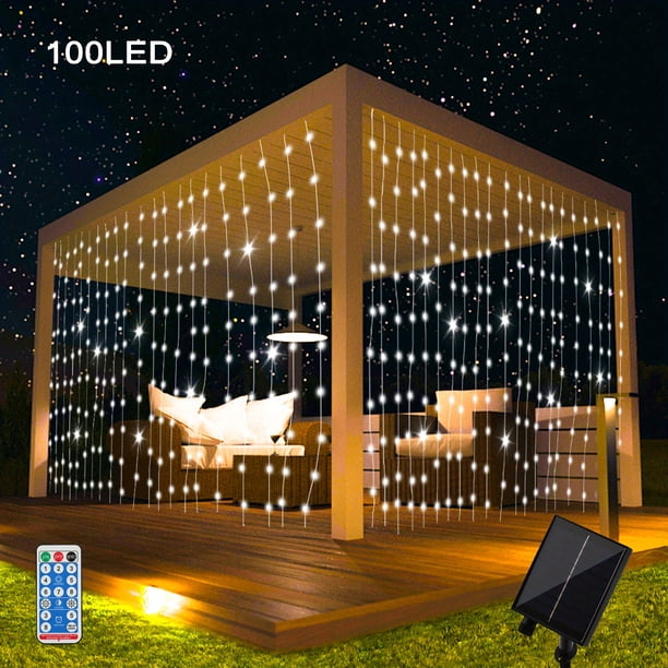1pc 300/200/100 LED Solar Curtain Light, Multiple Color Options, Outdoor Remote Control, 8 Lighting Modes Fairy Light, IP65 Waterproof Copper Wire Light, Christmas Party Wedding Family Bedroom Garden