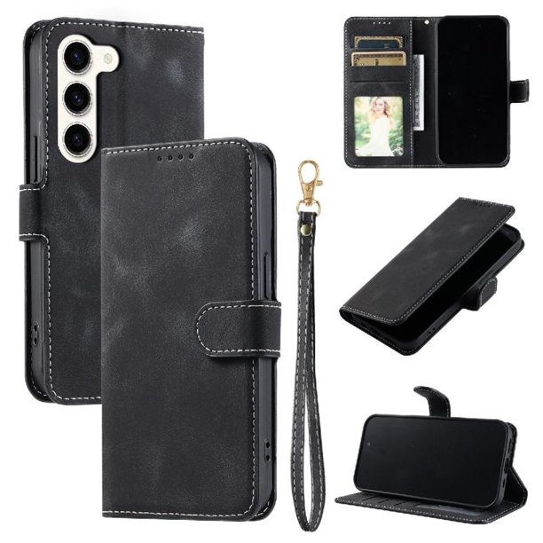 Funda Cartera para Samsung Galaxy S23 Tapa con Ranuras, Soporte y Correa Negro
