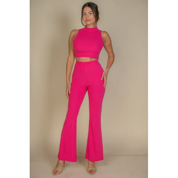 Conjunto De Top Corto De Cuello Alto Acanalado Y Pantalones De Corte Bota