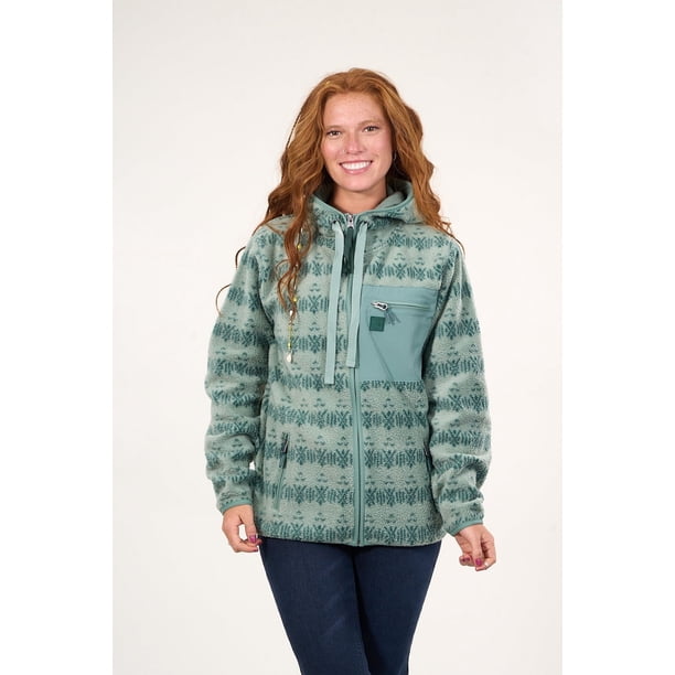 Poleron Polar Full Print Look Sherpa Con Gorro Verde Mujer