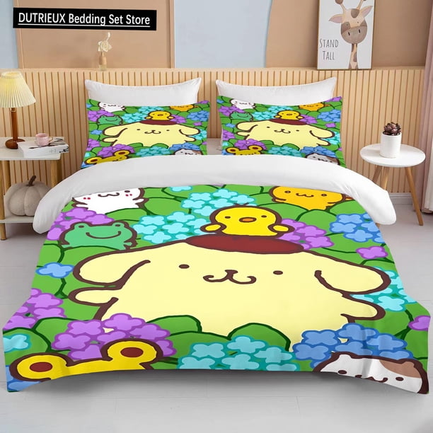 Kawaii Pom Pom Purin Printed Bedding Set Cartoon Anime Duvet Cover Comforter Pillowcase Boys Girls Children Adults King