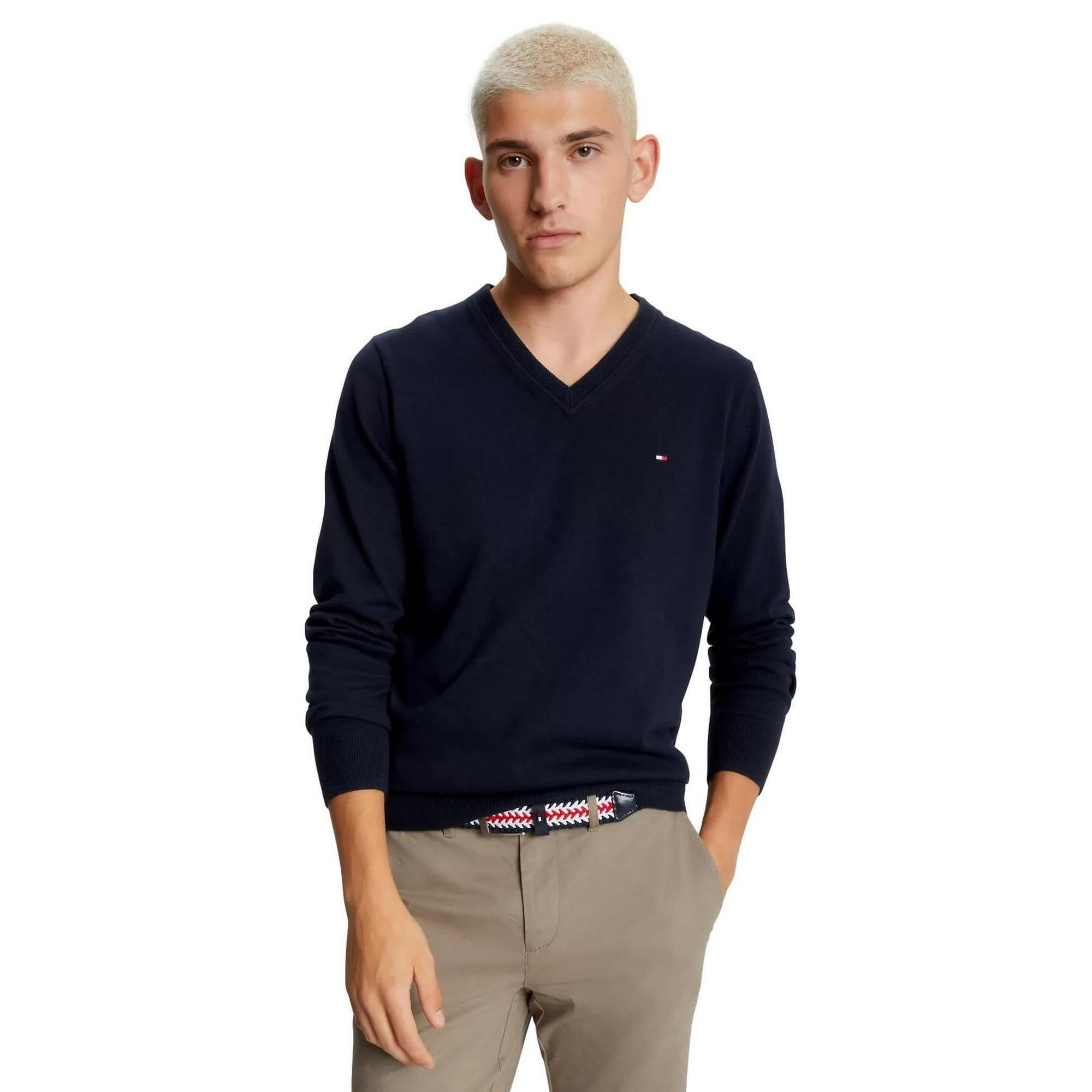 Jersey Tommy Hilfiger Para Hombre, Colección 2024, Cuello En V, Azul Marino, Xxl