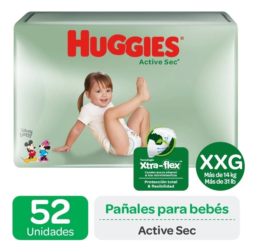 Kimberly Clark - Pañal Des Huggies Active Sec Talla Xxg 52 Un (12 A 15 Kg)