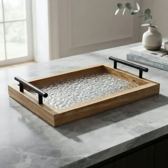 Bandeja Hogar Decoracion Bandeja Madera Vidrio 30x20cm Marrón