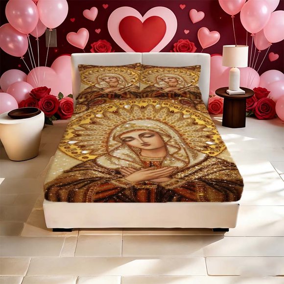 Orthodox Icon Painting Printed Bed Sheet Bed Sheet Pillowcase Set Soft Comfortable And Breathable for All Seasons Suitable for Bedroom Or Dormitory Decoration E
