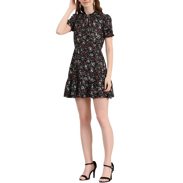 INSPIRE CHIC Vestido con Volantes para Mujer Verano Chifón Cuello con Lazo Manga Corta Abullonada Vestido Estampado Floral L Negro-Blanco