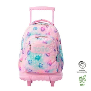 Mochila Escolar Con Ruedas Para Niña Renglon Glitter Rosado Totto
