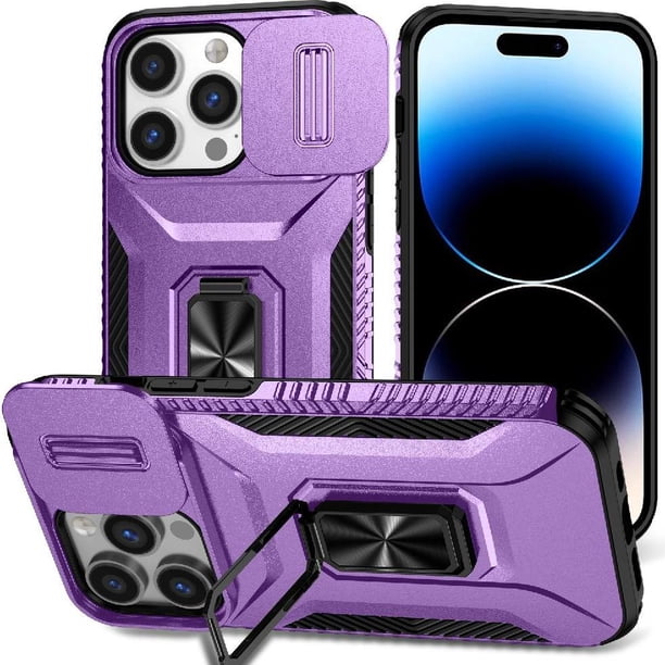 Funda Armada para iPhone 14 Pro Max con Tapa Deslizante y Soporte Magnético Giratorio Morado
