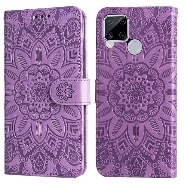 Funda tipo cartera FOXDOCK para Realme C15 , diseño girasol en relieve, cuero PU, cierre magnético, soporte y tarjetero