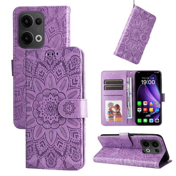 Funda tipo cartera FOXDOCK para OPPO Reno 14 5G , diseño girasol en relieve, cuero PU, cierre magnético, soporte y tarjetero