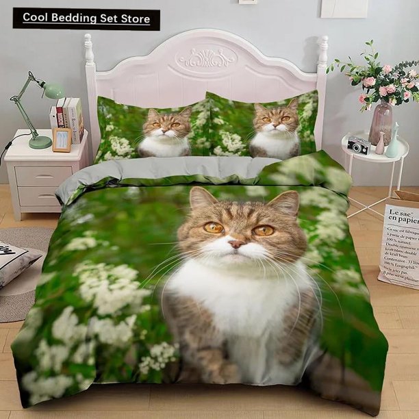x1519 Bed SheetsCat Flowers Duvet Cover Pet Kitty Floral Bedding Set Teens Adult Yellow Chrysanthemum /Polyester Quilt Cover 3-Piece Bedding Set (1 Duvet Cover + 2 Pillow Shams) nj1519