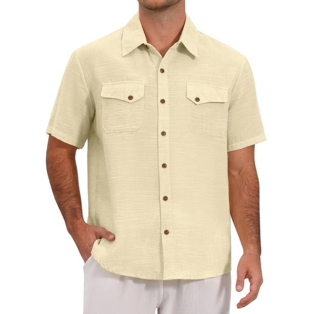 INSPIRE CHIC Camisa de Verano para Hombre con Bolsillos Dobles en el Pecho, Manga Corta, Camisas de Lino Transpirables M Beige