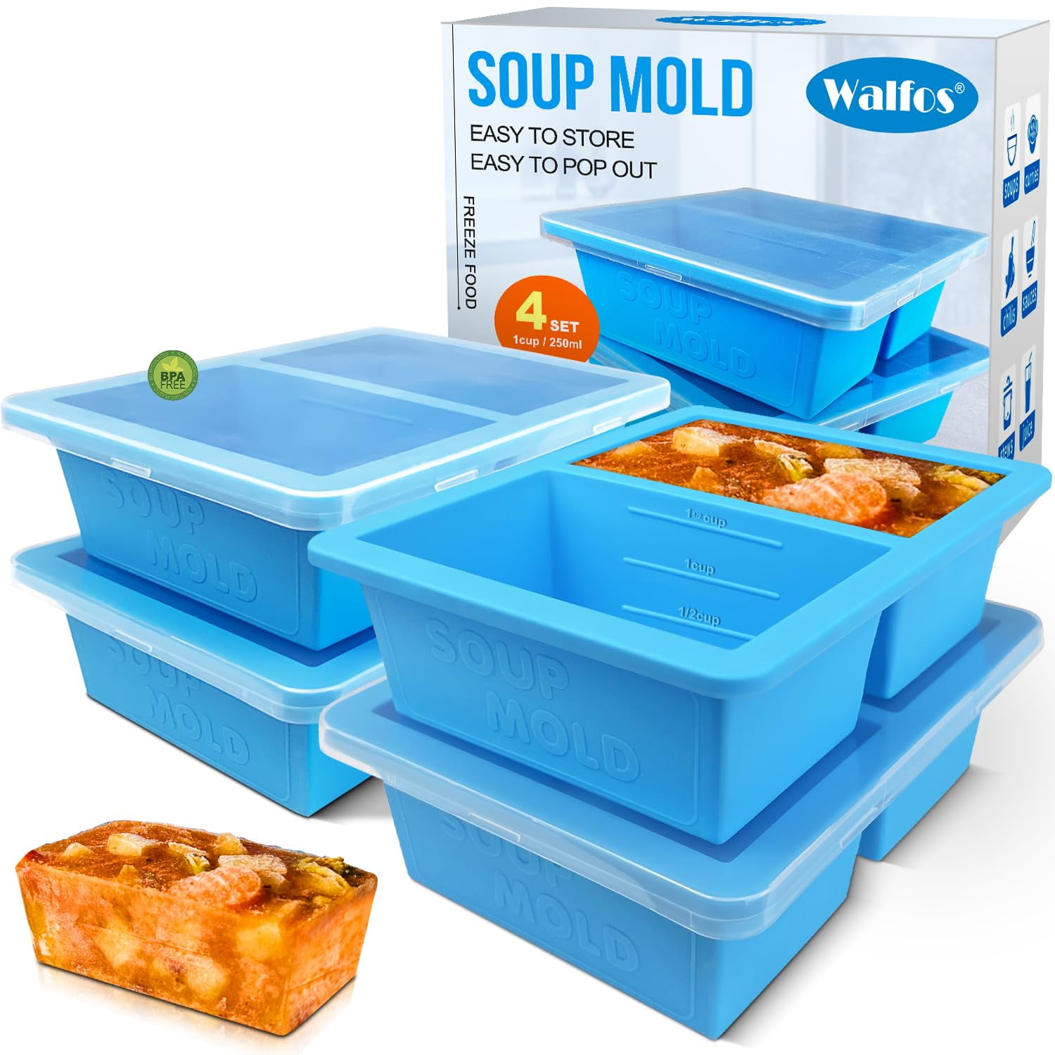 Bandeja De Silicona Walfos De 375 Ml Con Tapa Para Sopa Y Salsa, 4 Unidades