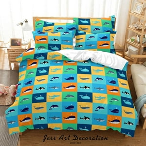 Milsleep - 3D Cartoon Colorful Lattice Ocean Shark Whale Dolphin Fish Pattern Funda De Edredón