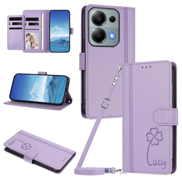 Funda Cartera Trébol para Xiaomi Redmi Note 13 Pro 4G con Ranuras Tarjetas y Carga Inalámbrica Morado claro