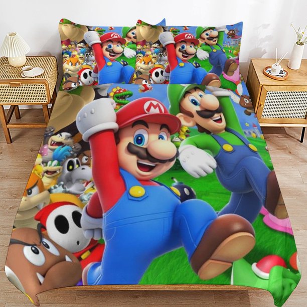 Super Mario 3-Piece Comforter Set for Bedroom Super Mario Bedding Set for Kids Adults Soft Microfiber Duvet Cover Set with Zipper Closure